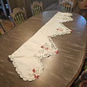 Holiday Fireplace Decor-Embroidered Poinsettias, Candles and Holly Berries 47x20